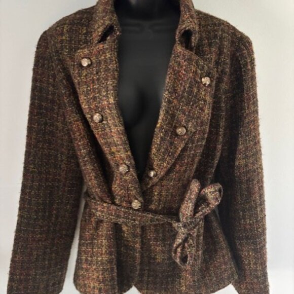Larry Levine Brown 16 Tweed Blazer Metallic Buttons Tie Waist Fall Luxe Modern - Picture 1 of 8